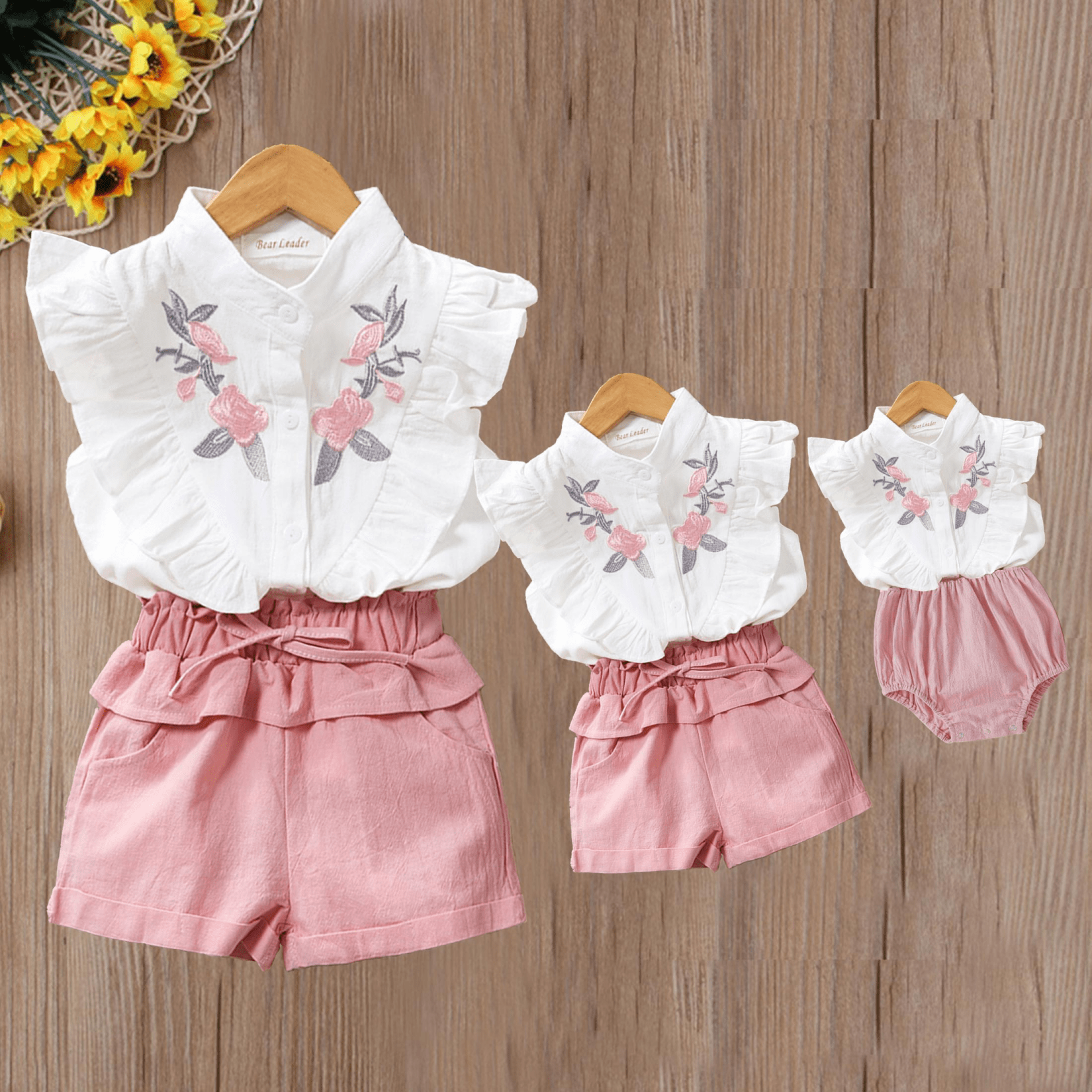 Ruffle Floral Embroidery Shirt and Shorts Set for Mommy and Me