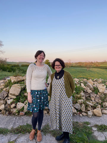 Nicky and Janet of All About The Yarn wearing garments in West Yorkshire Spinners Elements DK and Croft DK