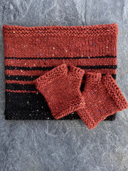 In The Round Cowl and magic loop mitts knitting kits by nicky jerrome