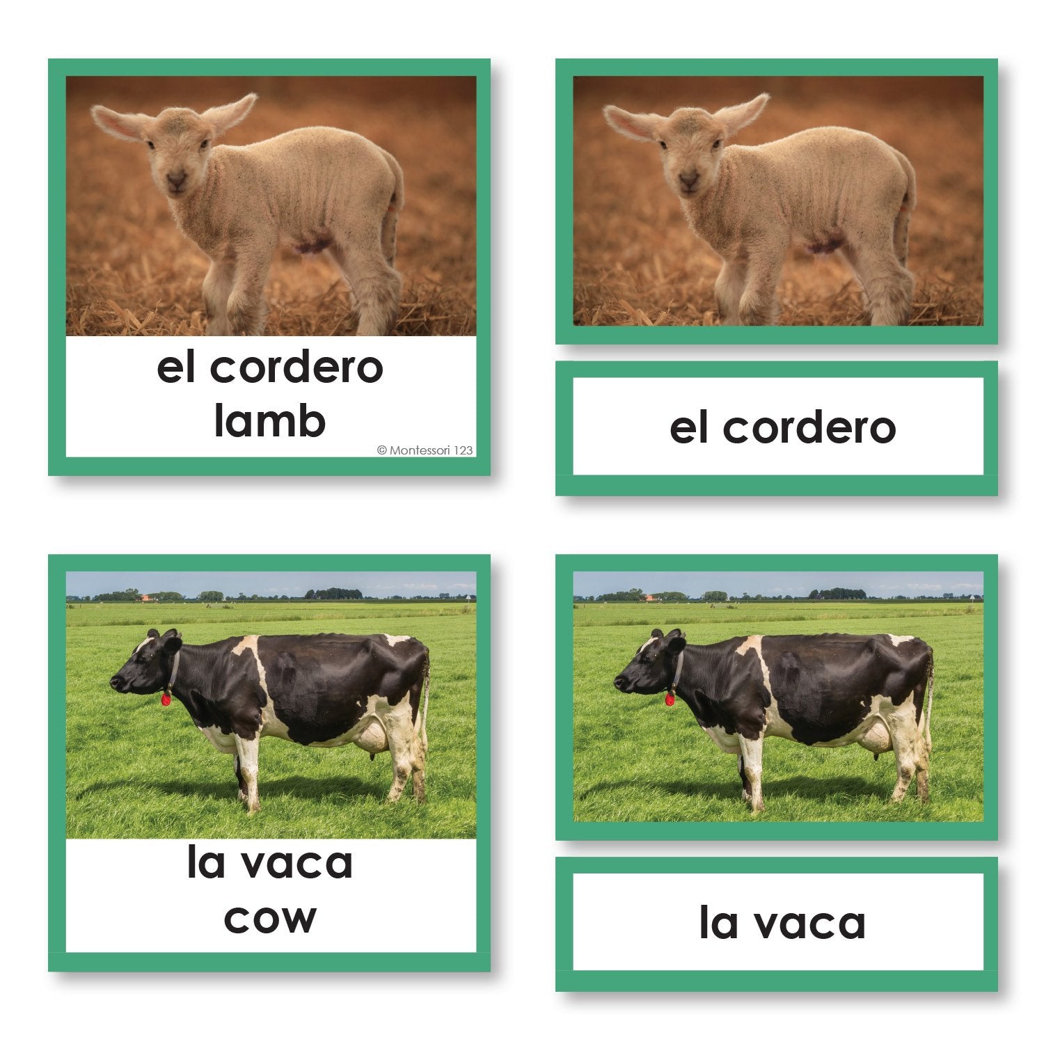 Spanish Language Farm Animals 3Part Cards with