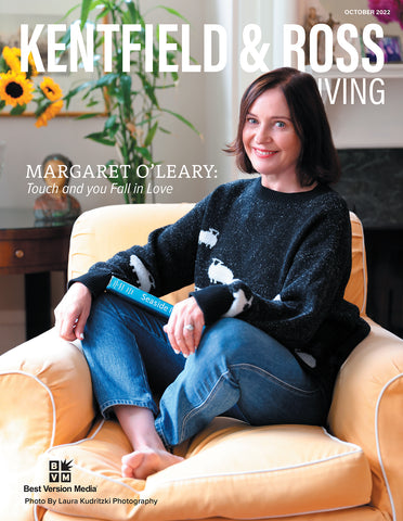 Margaret O'Leary' cover image on Kentfield & Ross Living Magazine. She sits on a yellow armchair in her Marin home.
