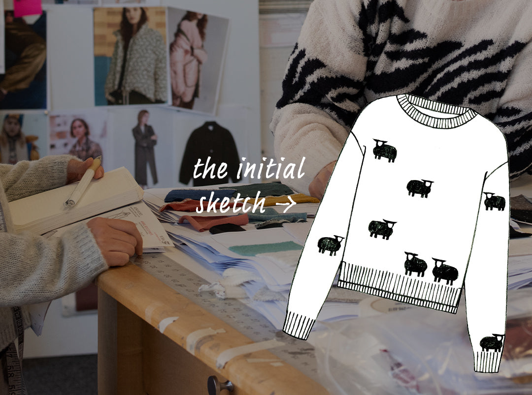 A darkened image of two clothing designers review fabric swatches. A hand-drawn sketch of the sheep jumper is overlayed on the image. Next to the drawing is the text "the initial sketch".