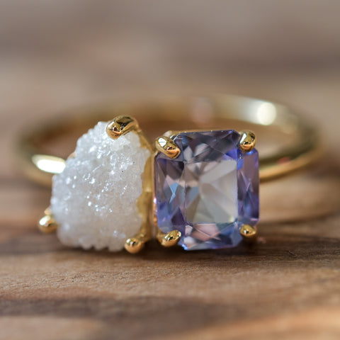 Rough diamond and tanzanite toi et moi ring in 14k yellow gold