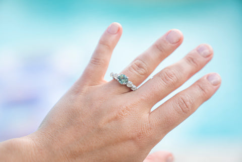 Ethical engagement ring with mine to market sapphire and rough diamonds