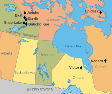 Map of Ekati, Diavik and Victor Diamond Mines in Canada