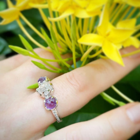 Natural raw diamond engagement ring with diamonds and amethysts