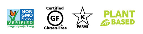 Non GMO Project, Certified Gluten Free, K Parve, Plant Based