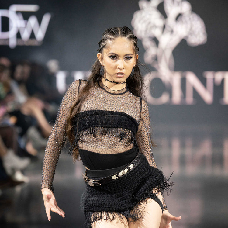 Daisy Earrings and Sweet Ivy Bicycle Tube Choker on Runway at Denver Fashion Week | Sustainable Fashion Jewelry | Kaden & Kai