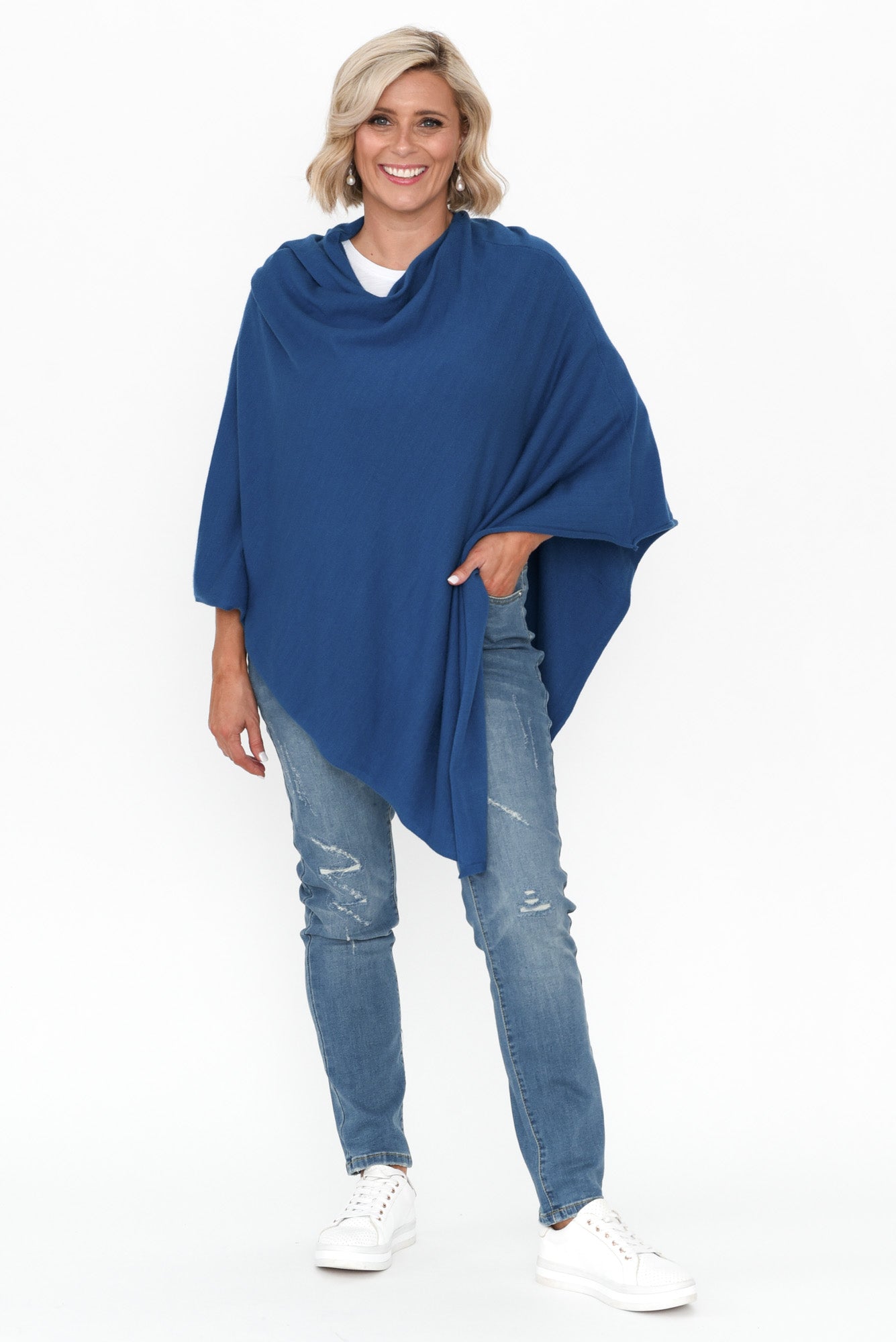 Amy Deep Blue Wool Blend Poncho