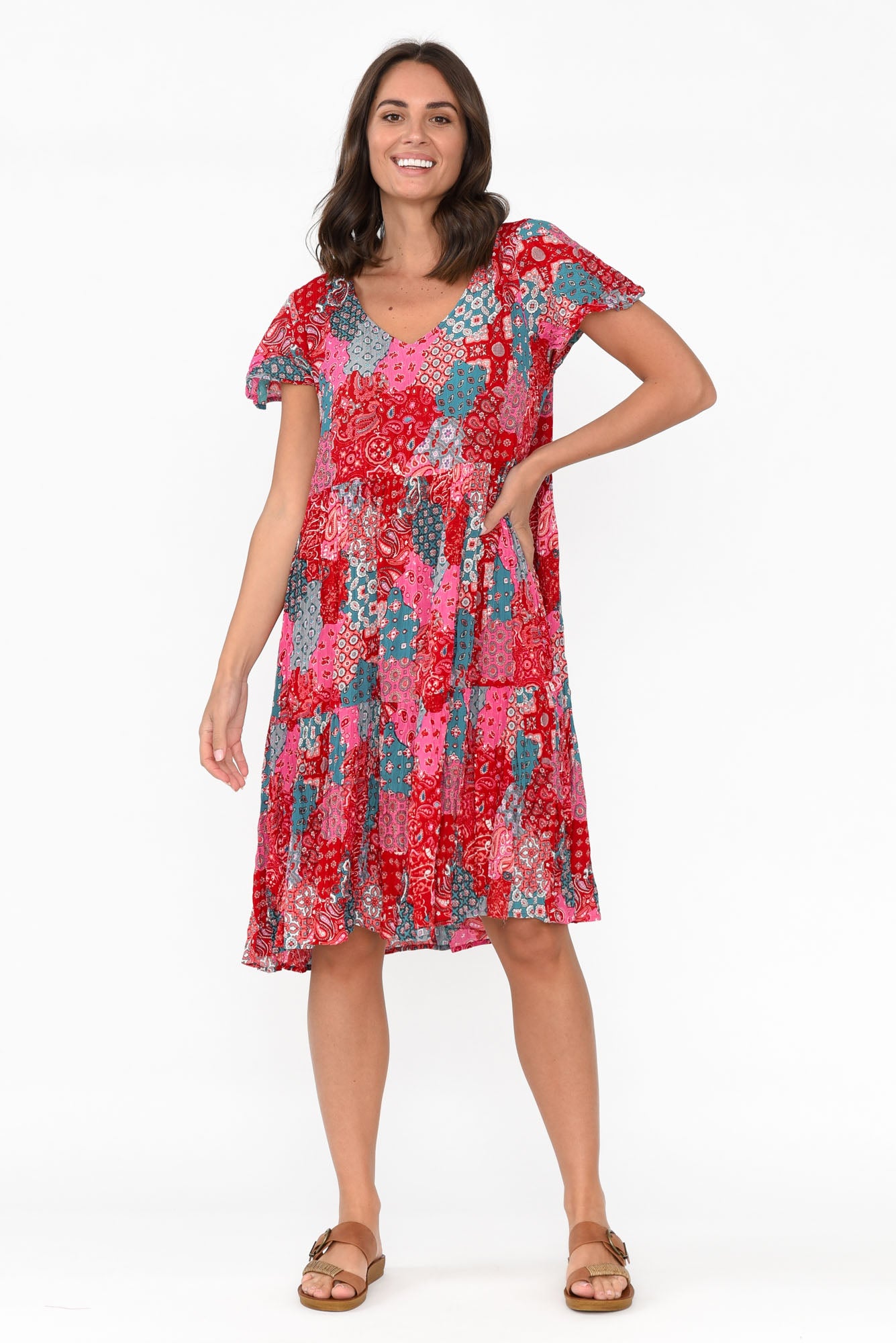 Azalea Red Patchwork Crinkle Dress