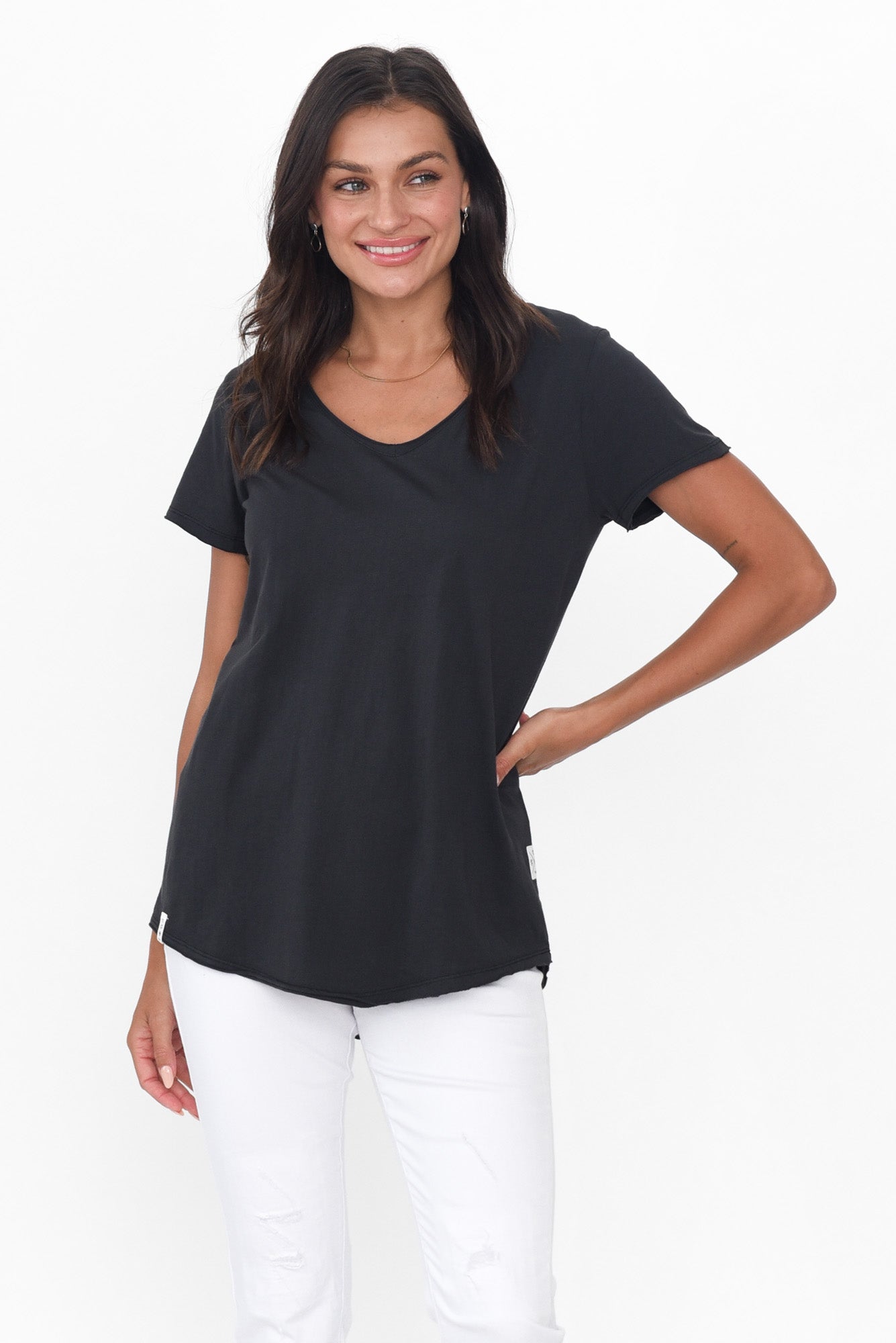 Washed Black Cotton Fundamental Vee Tee