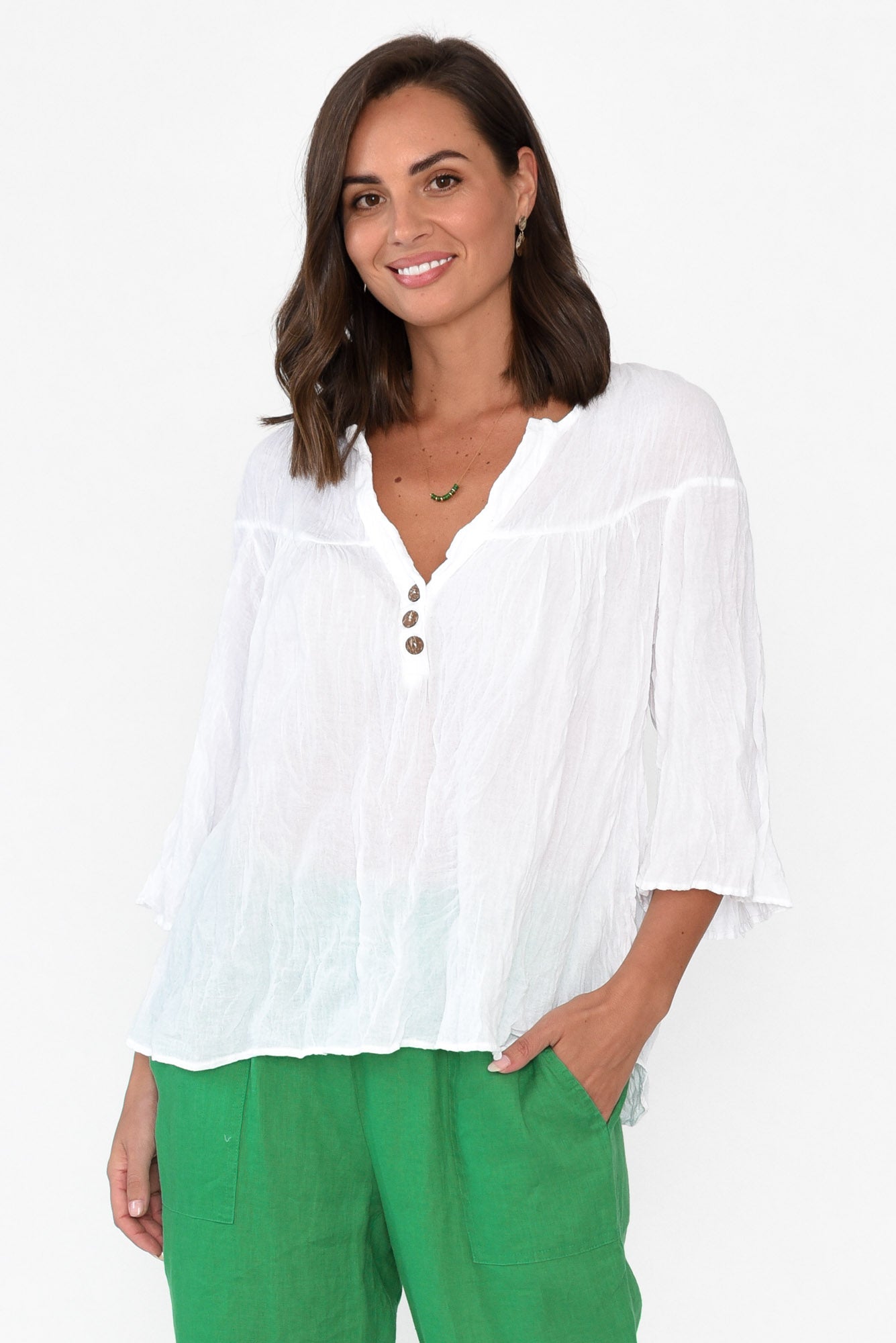 Blaise White Cotton Button Top