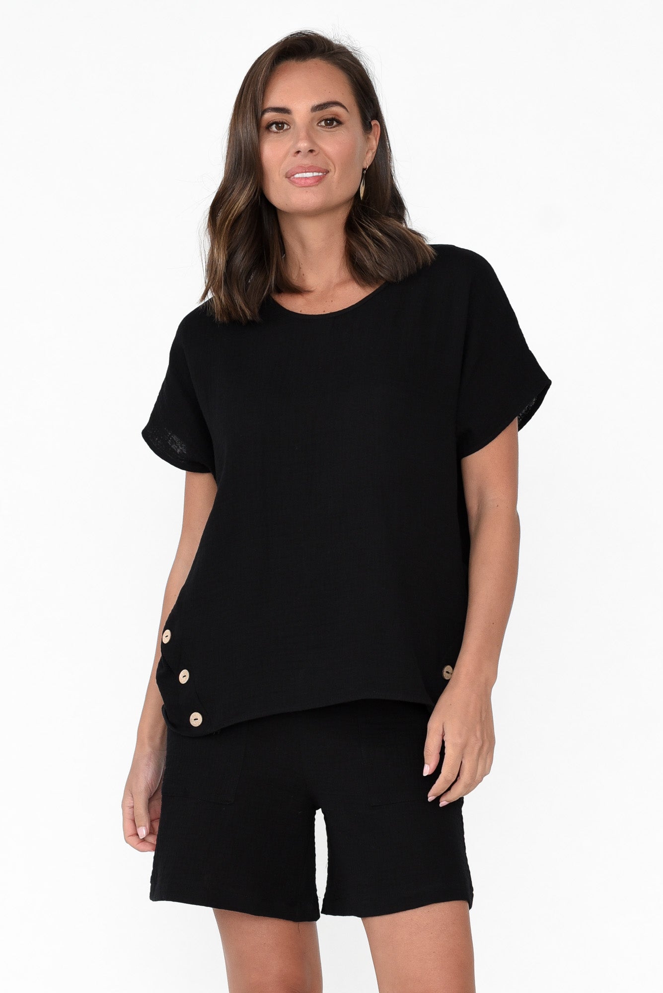 Byron Black Cotton Button Top