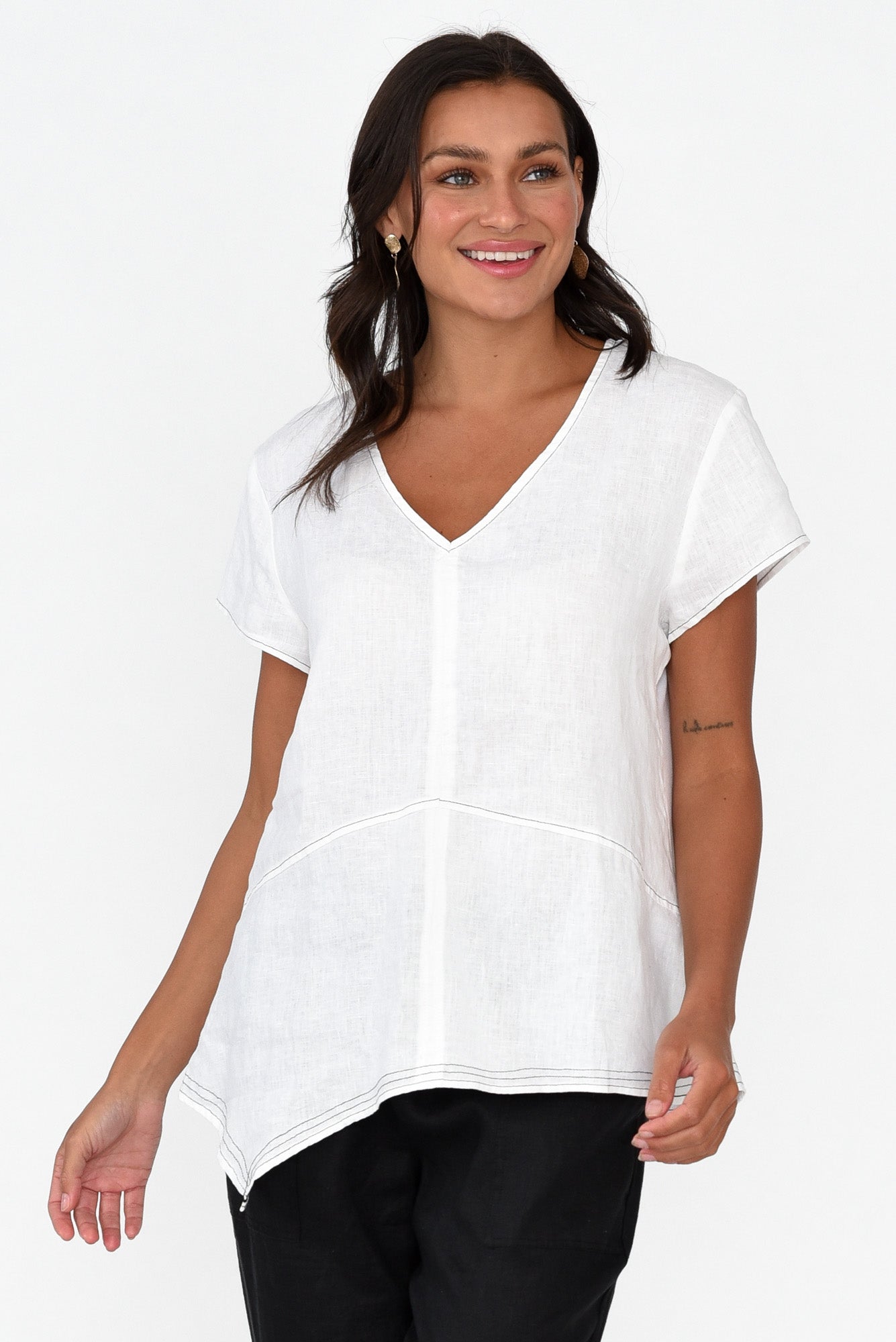 Lindy White Linen V Neck Top