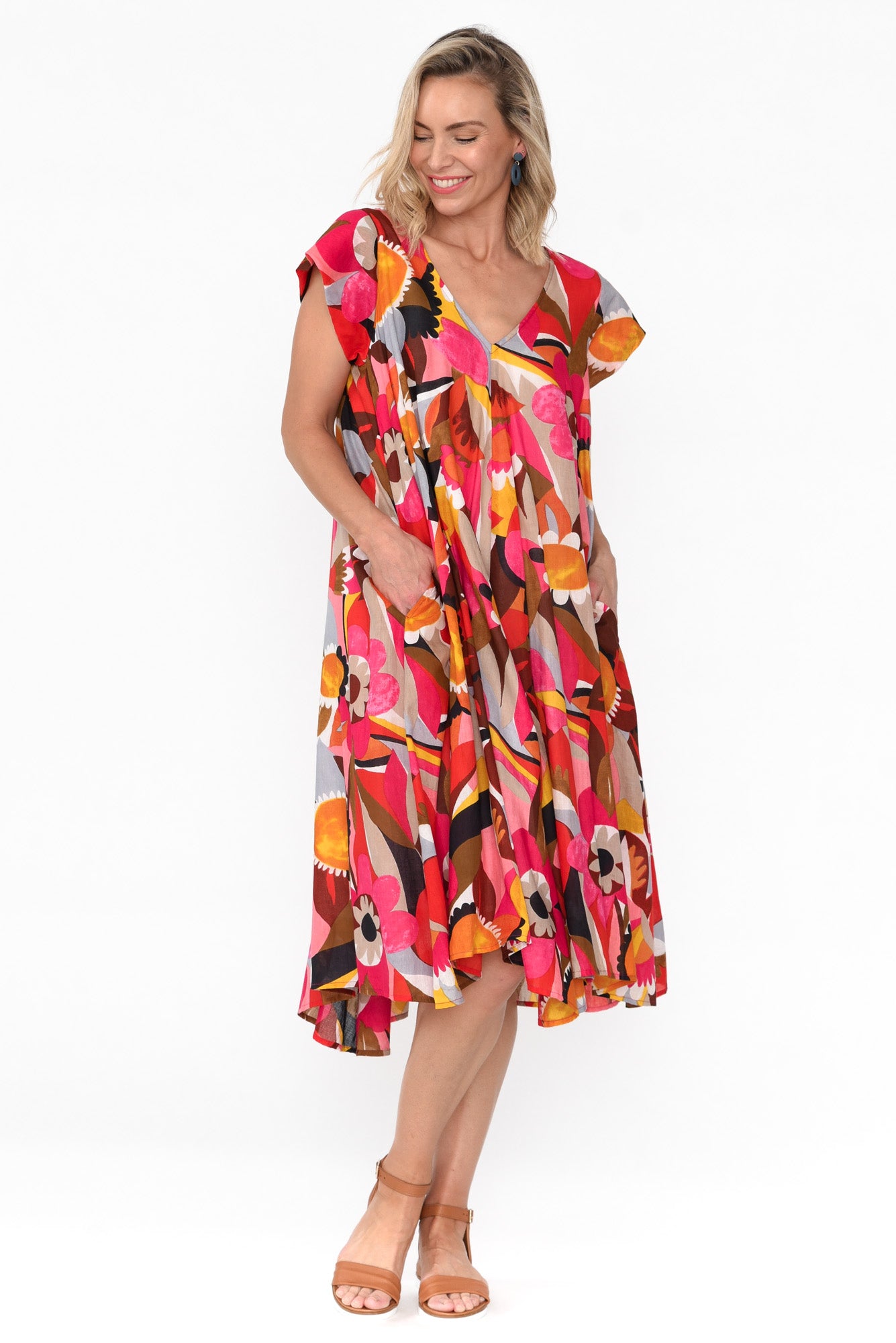 Maheno Pink Abstract Cotton Midi Dress