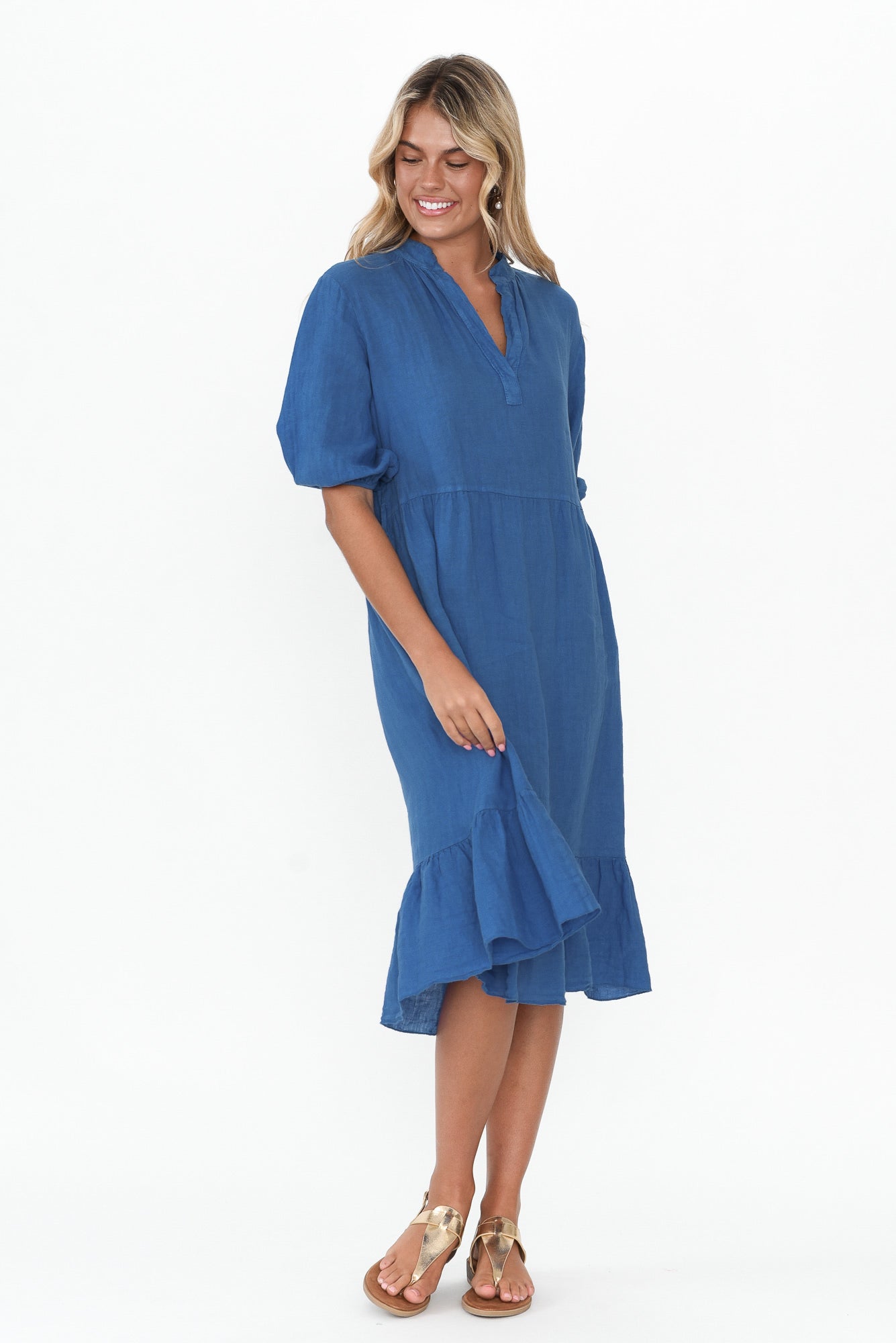 Mattea Blue Linen Ruffle Dress