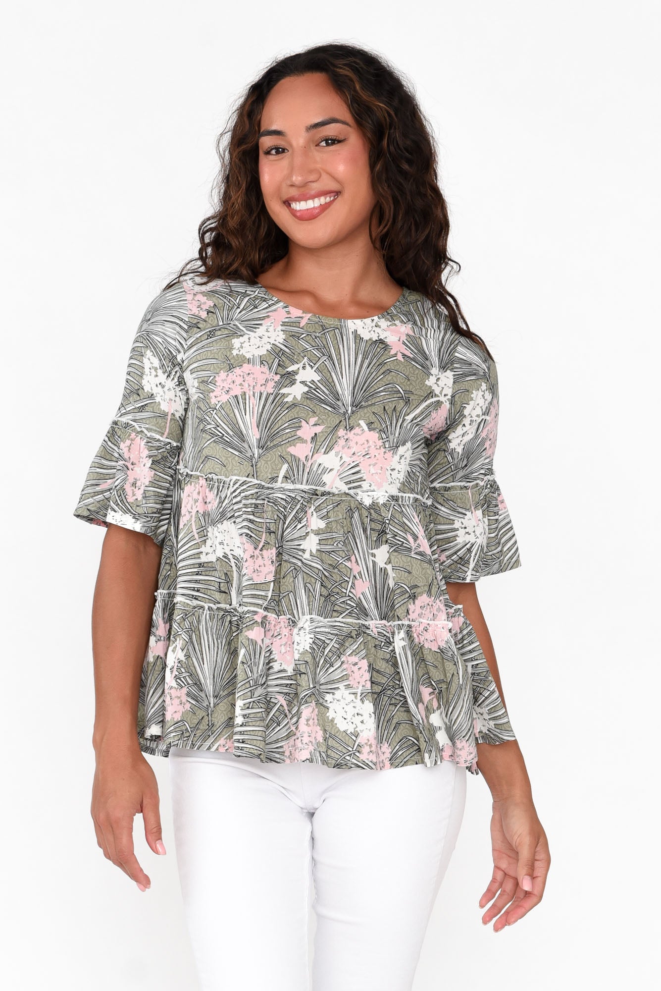 Protaras Sage Tropical Cotton Blend Top