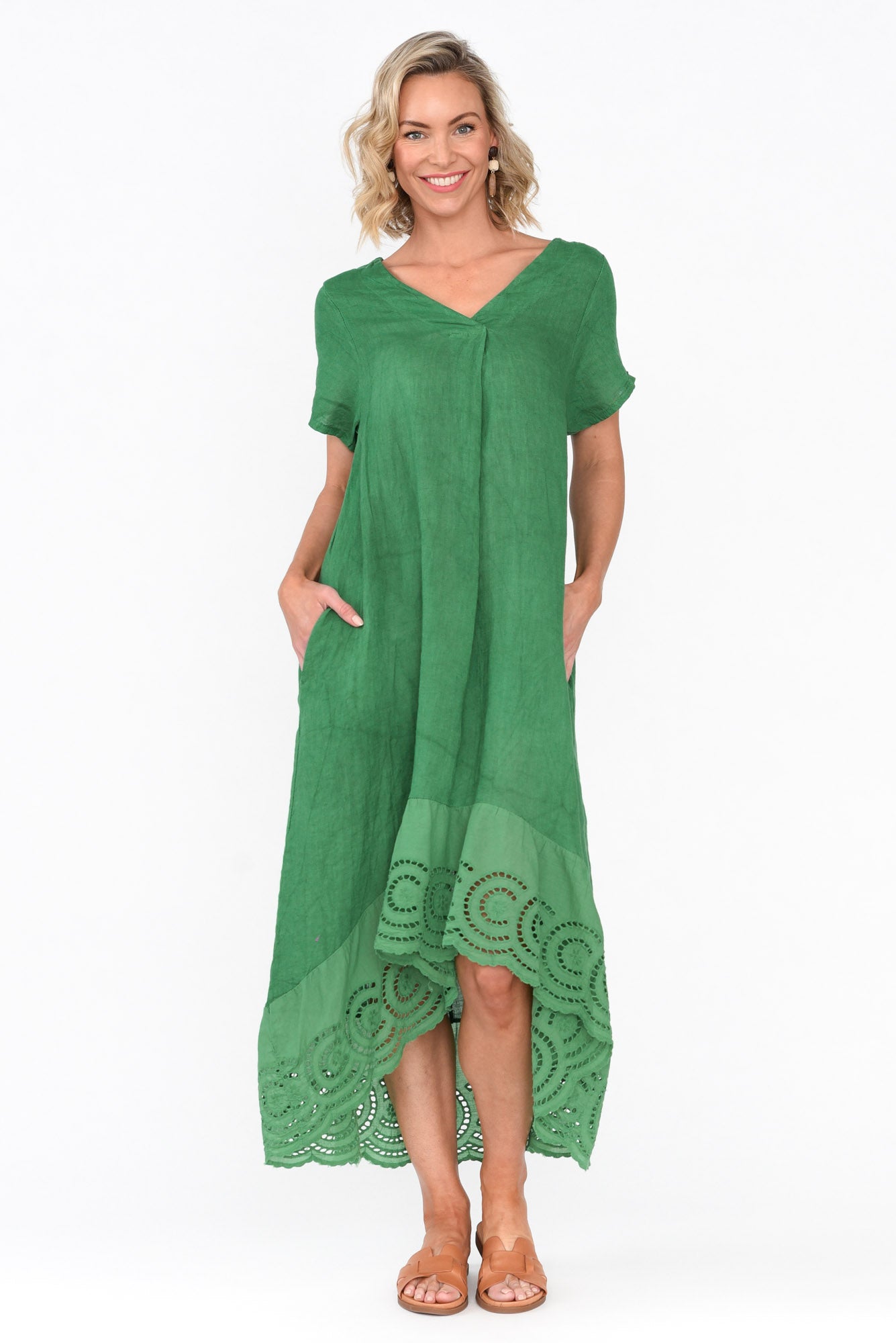 Ravella Green Linen V Neck Dress