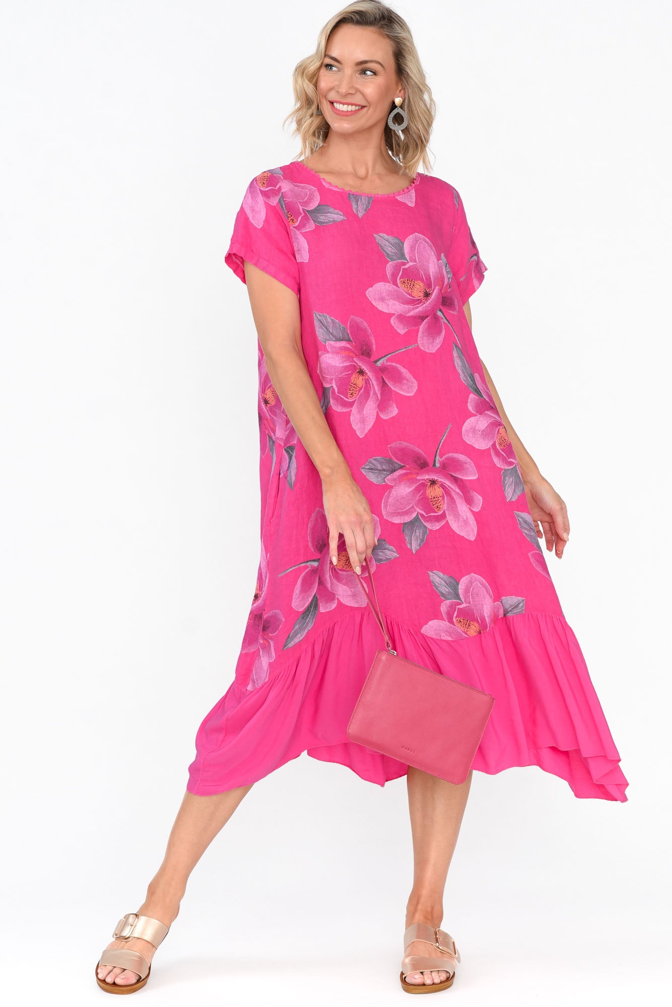 Ryker Hot Pink Floral Linen Pocket Dress