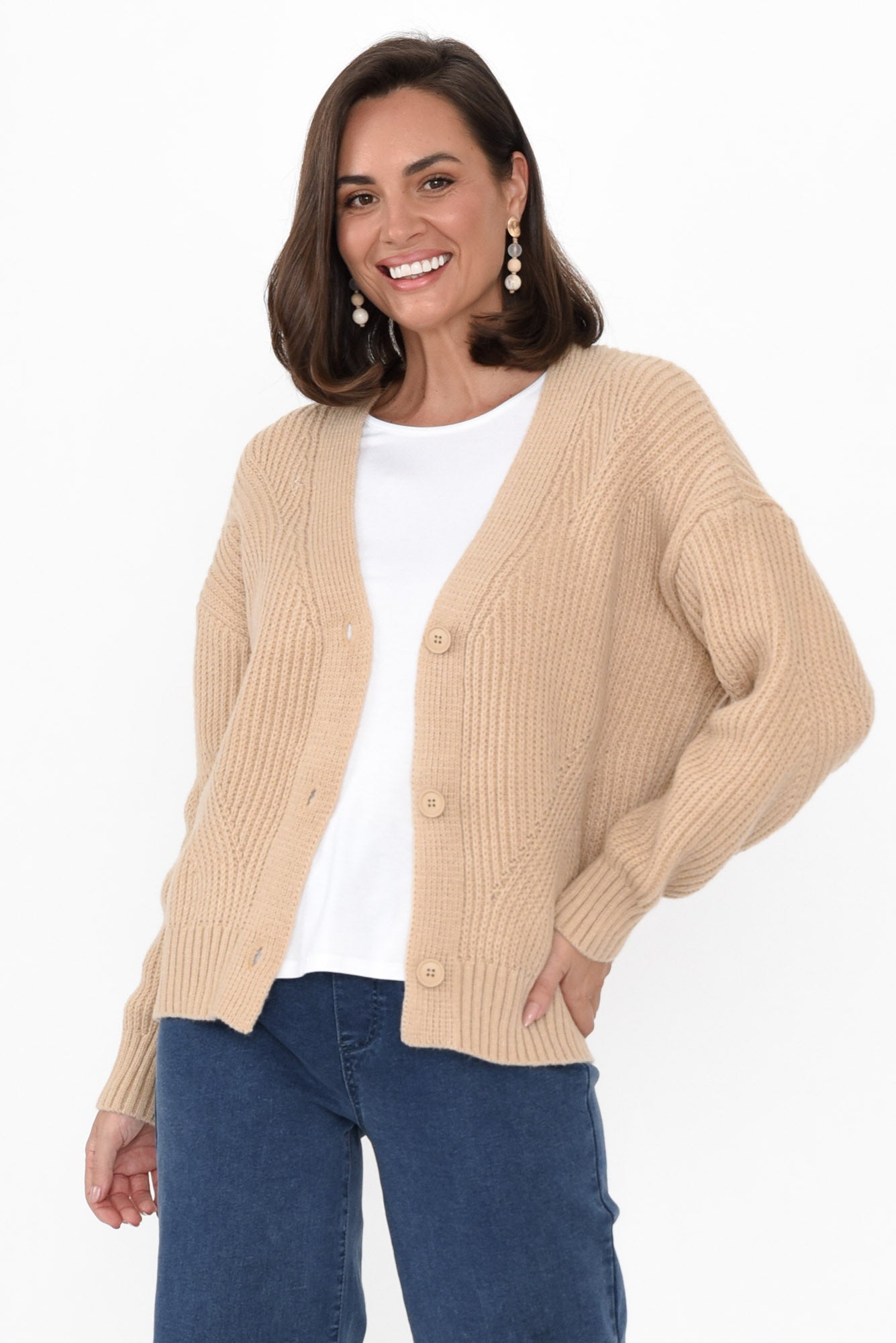 Shara Beige Knit Button Cardigan