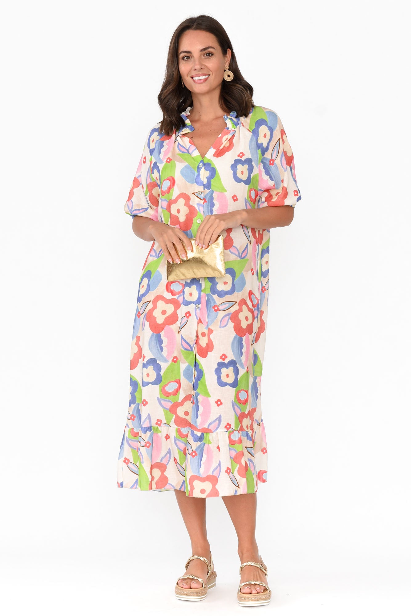 Ulla Blue Floral Linen Cotton Dress