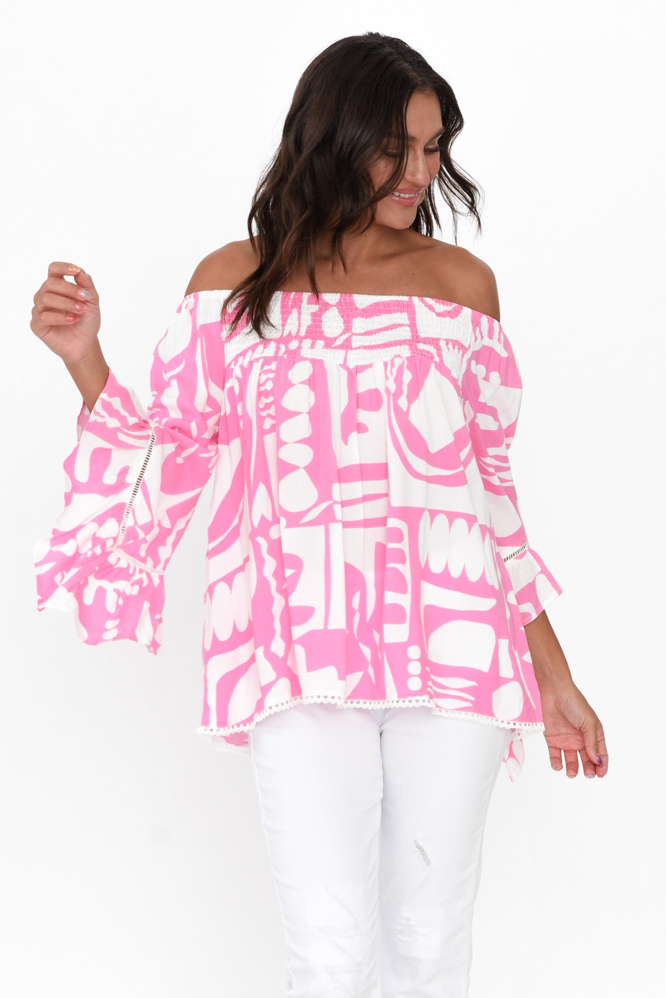 Violet Pink Abstract Bell Sleeve Top