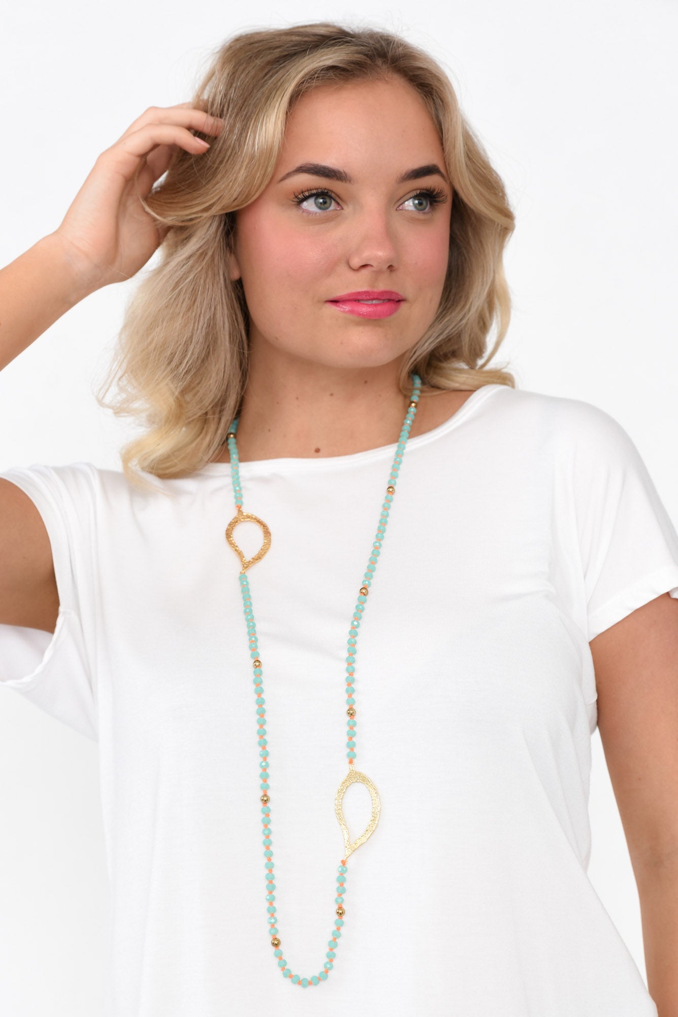 Zaire Aqua Beaded Leaf Necklace