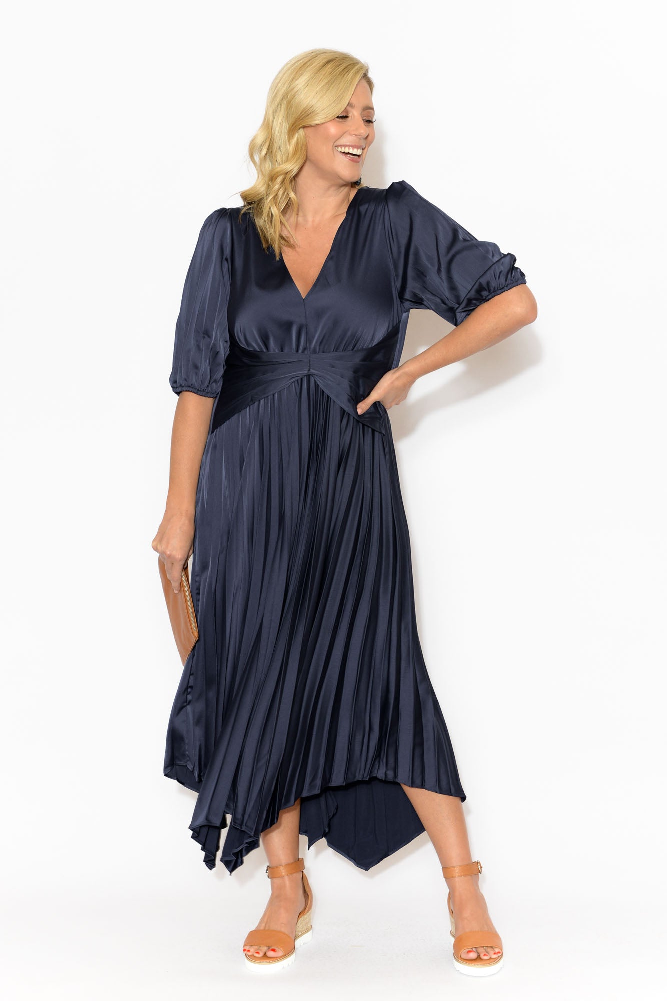 Allison Navy Pleated Midi Dress