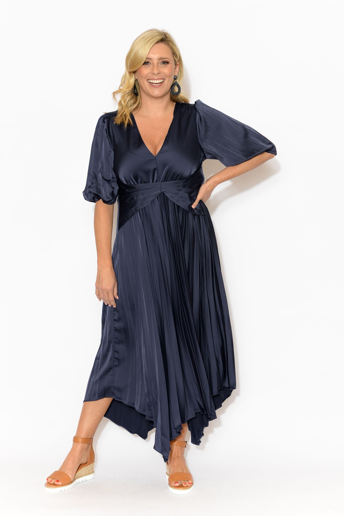 Allison Navy Pleated Midi Dress