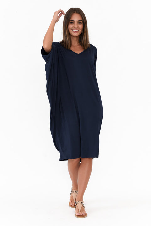 Navy Micro Modal Tri Drape Dress - Blue Bungalow