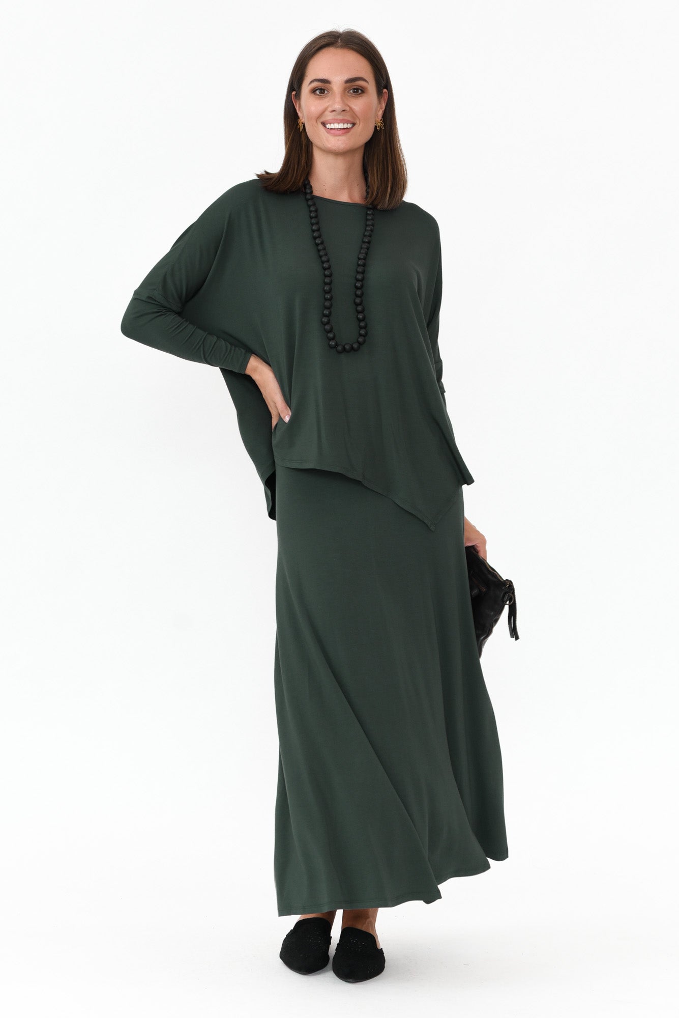 Dark Green Bamboo Relaxed Boatneck Top