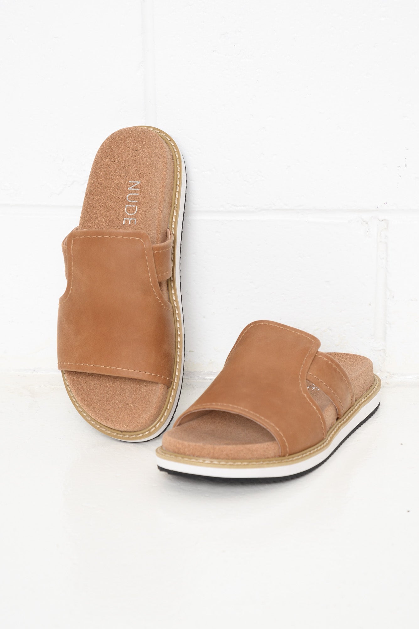 tan leather slides