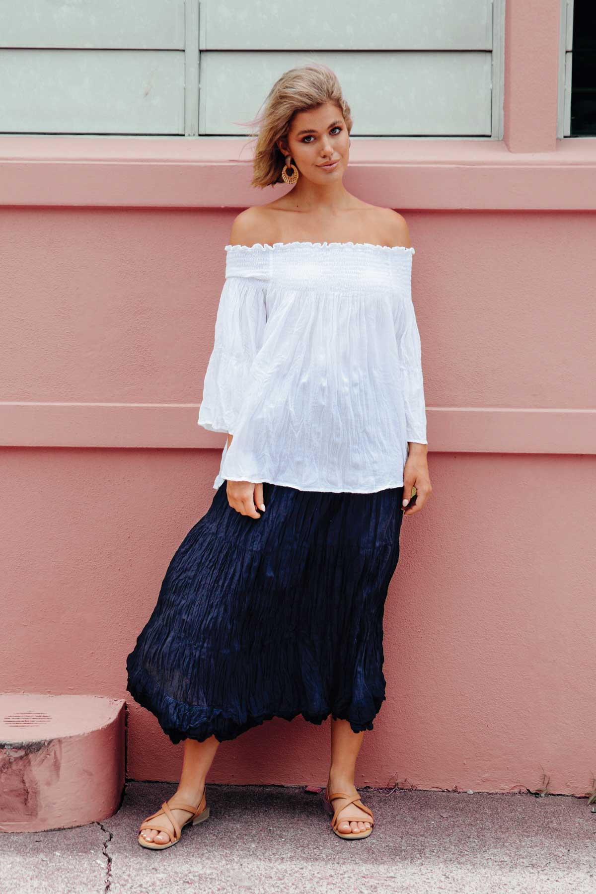 Navy Crinkle Cotton Midi Skirt