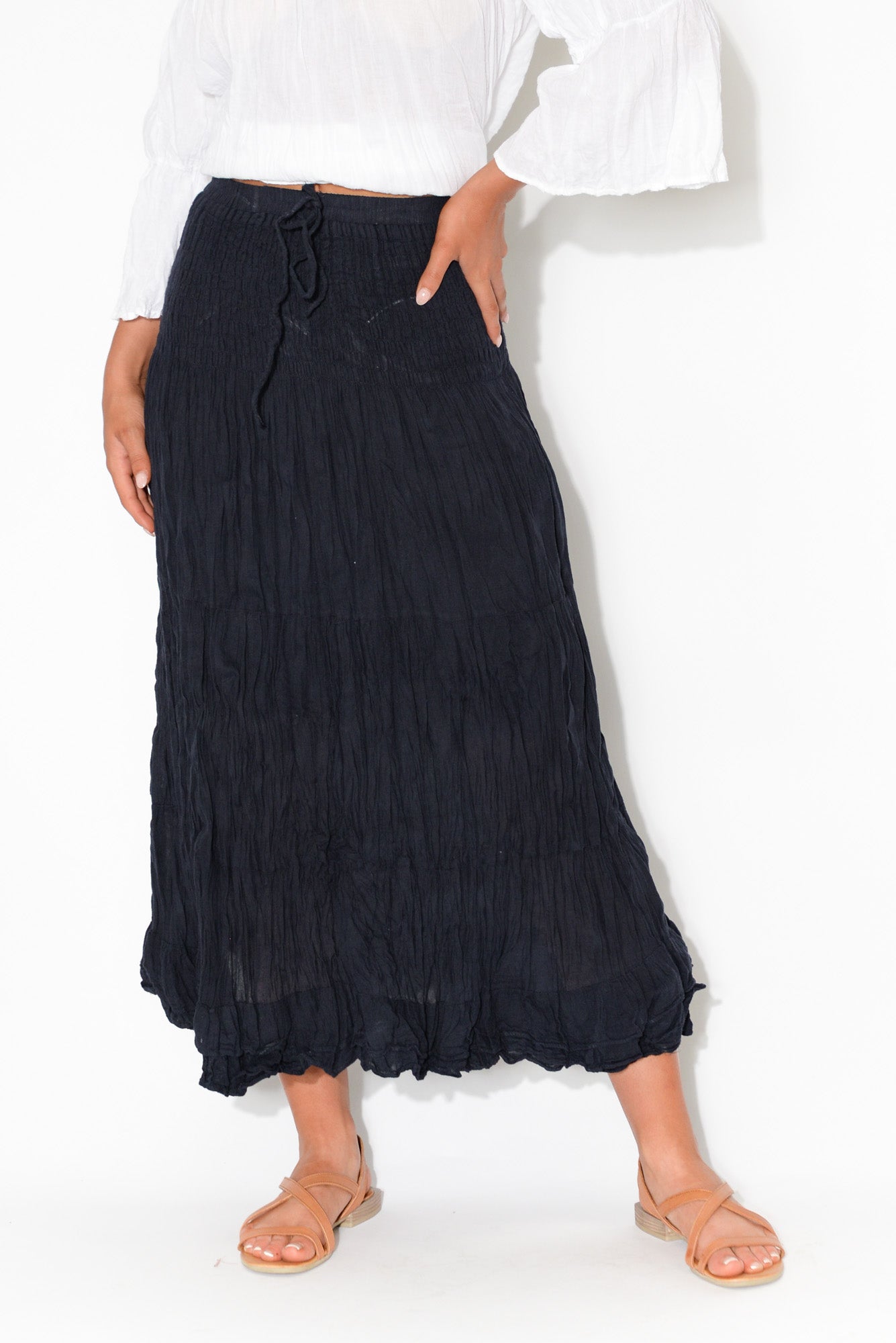 Navy Crinkle Cotton Midi Skirt