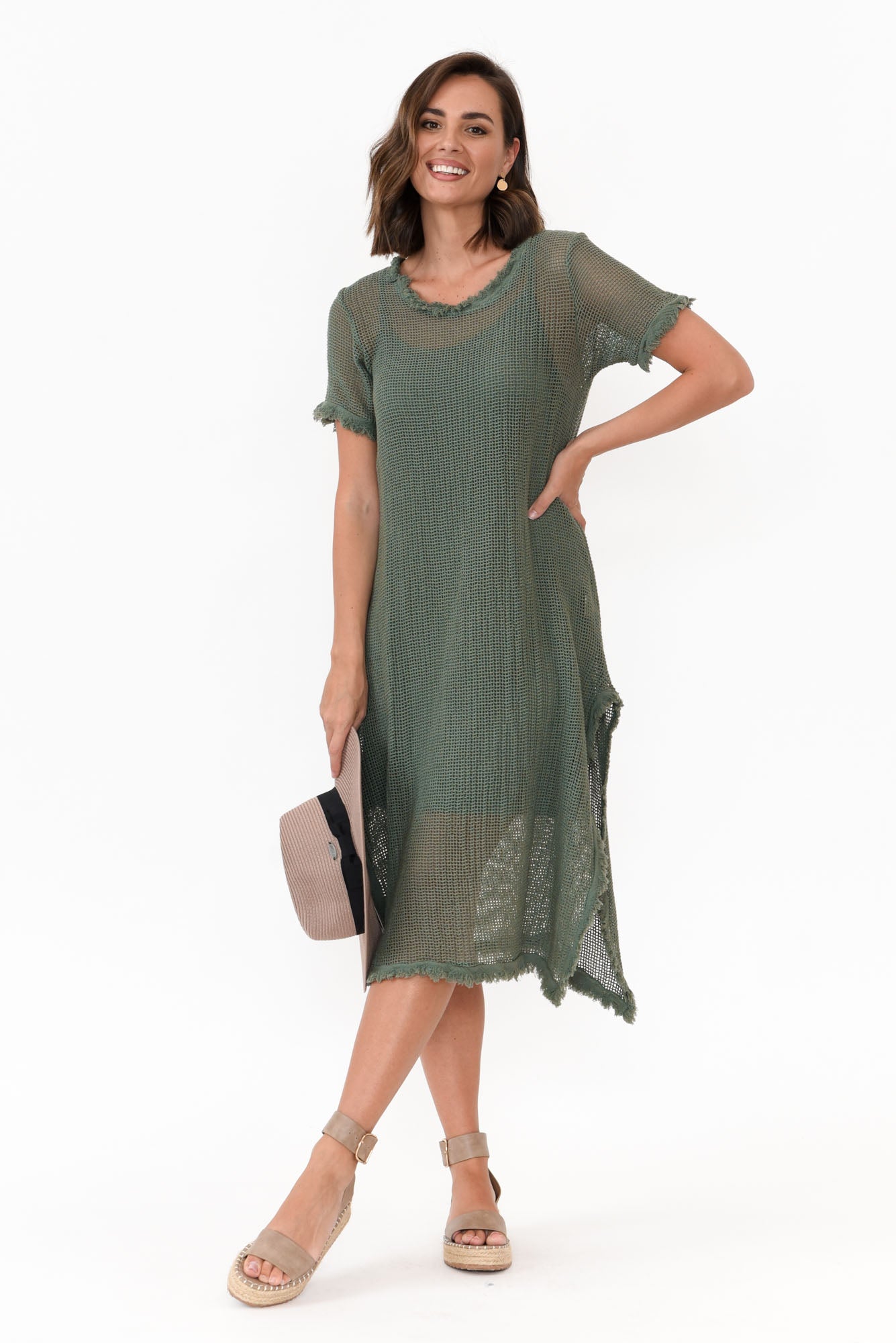 Nessy Khaki Cotton Woven Frayed Dress