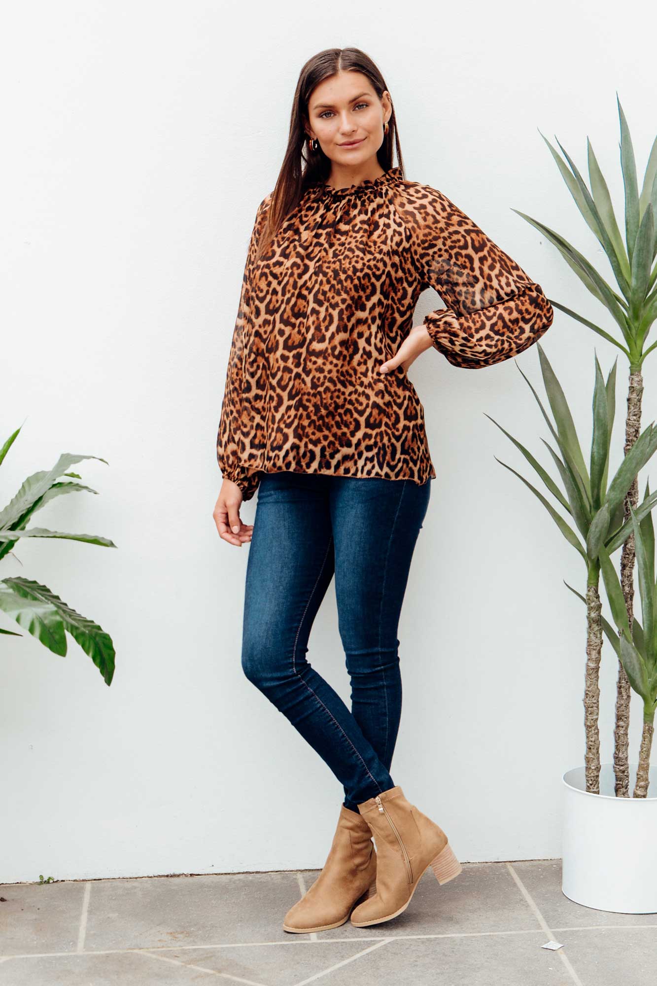 Riley Leopard Silk Ruffle Top