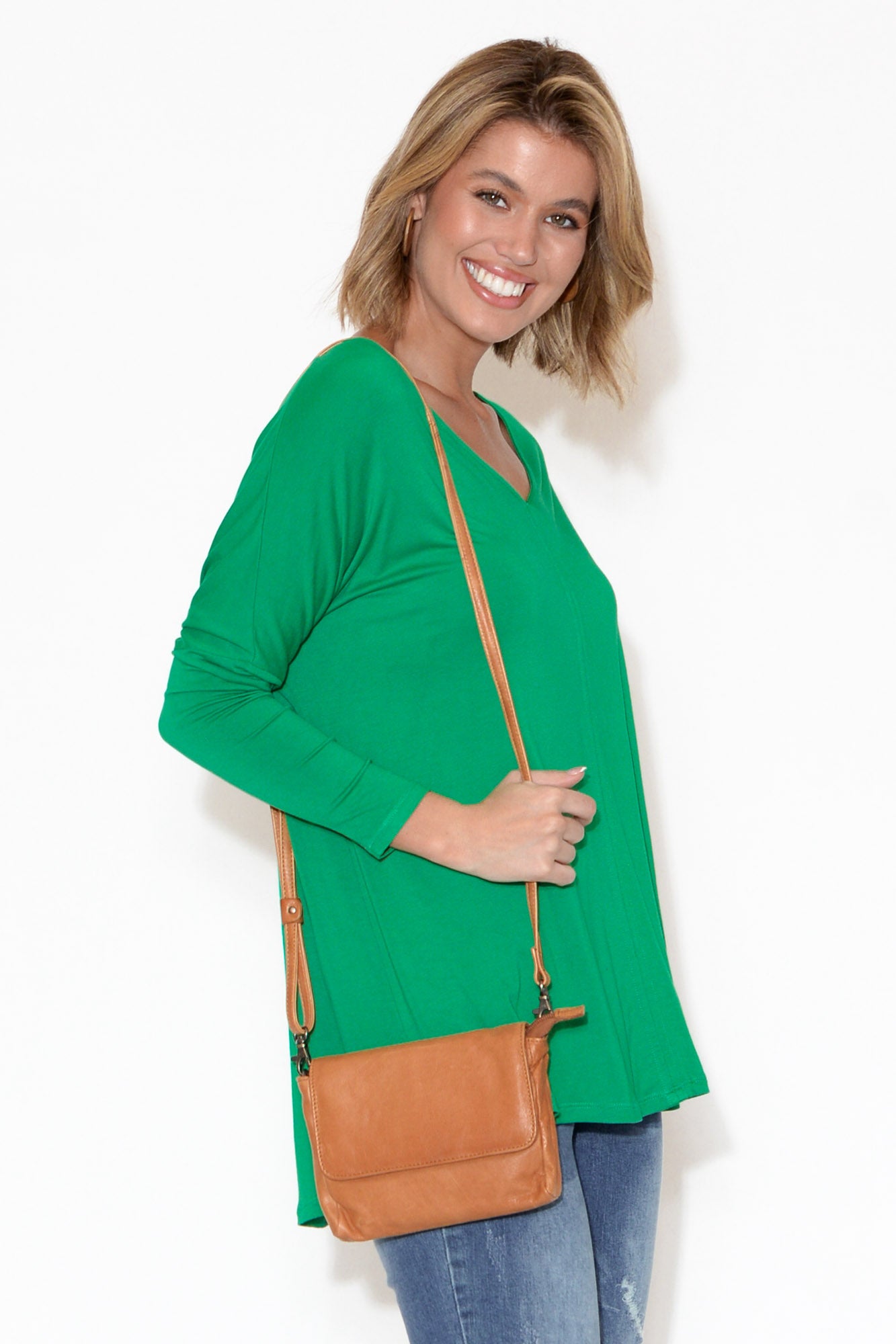 Sara Tan Leather Crossbody Bag