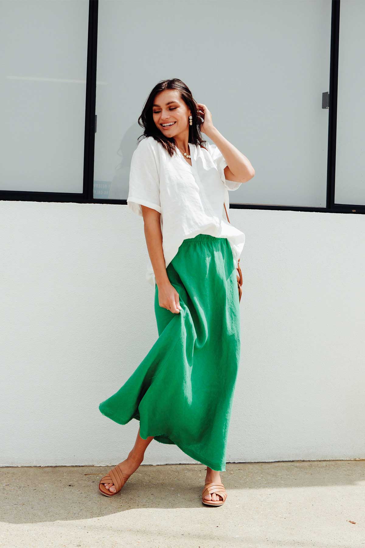 white top green maxi skirt