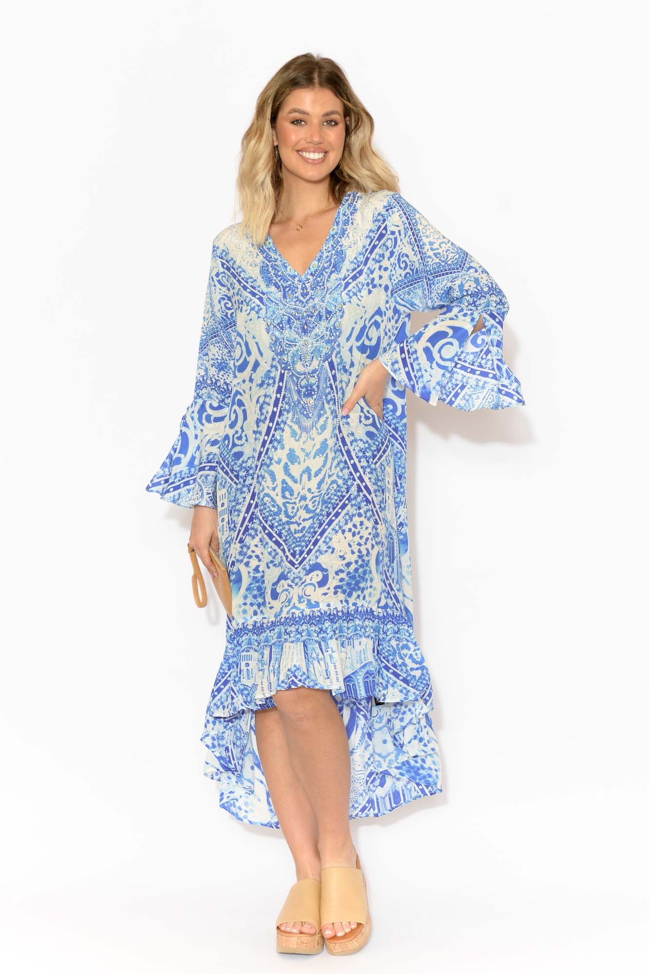 Verona Blue Silk Frill Dress