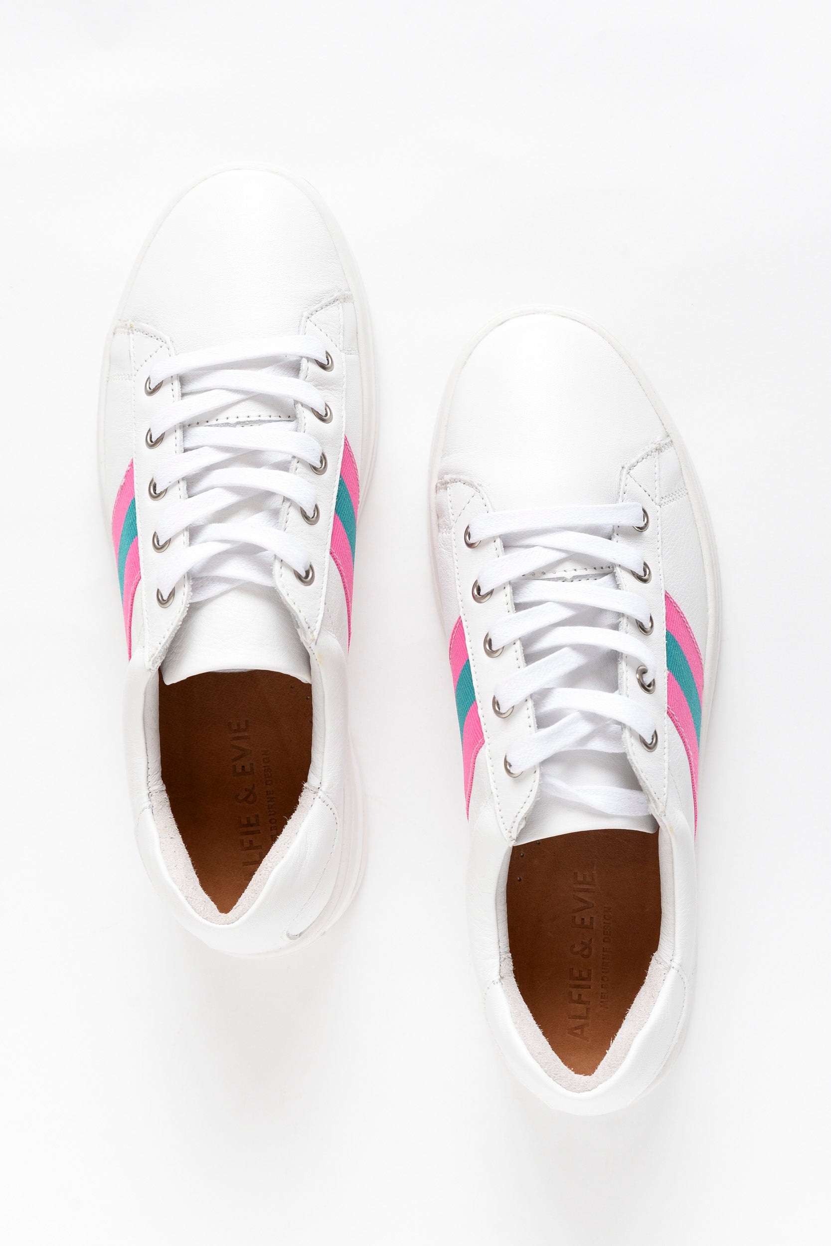 white sneakers with pink stripe