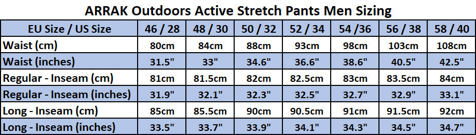 Men's Pants sizing chart - Roneck