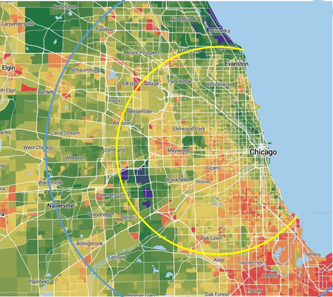 chicago map delivery zones - metro chicago suburbs - cook county - dupage county - lake county