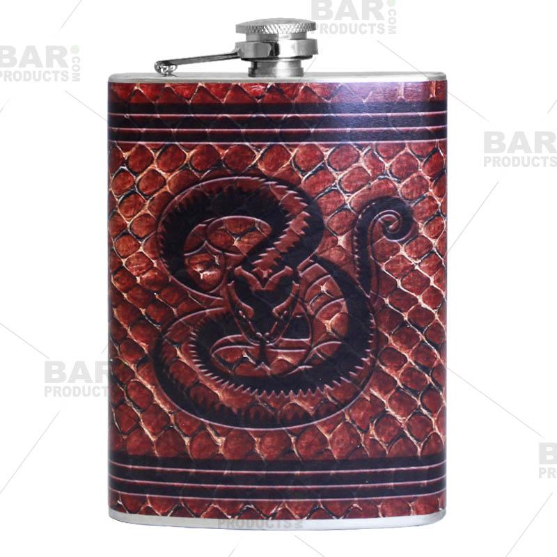 Stainless Steel Hip Flask - Leather Snake Design - Several Size Options