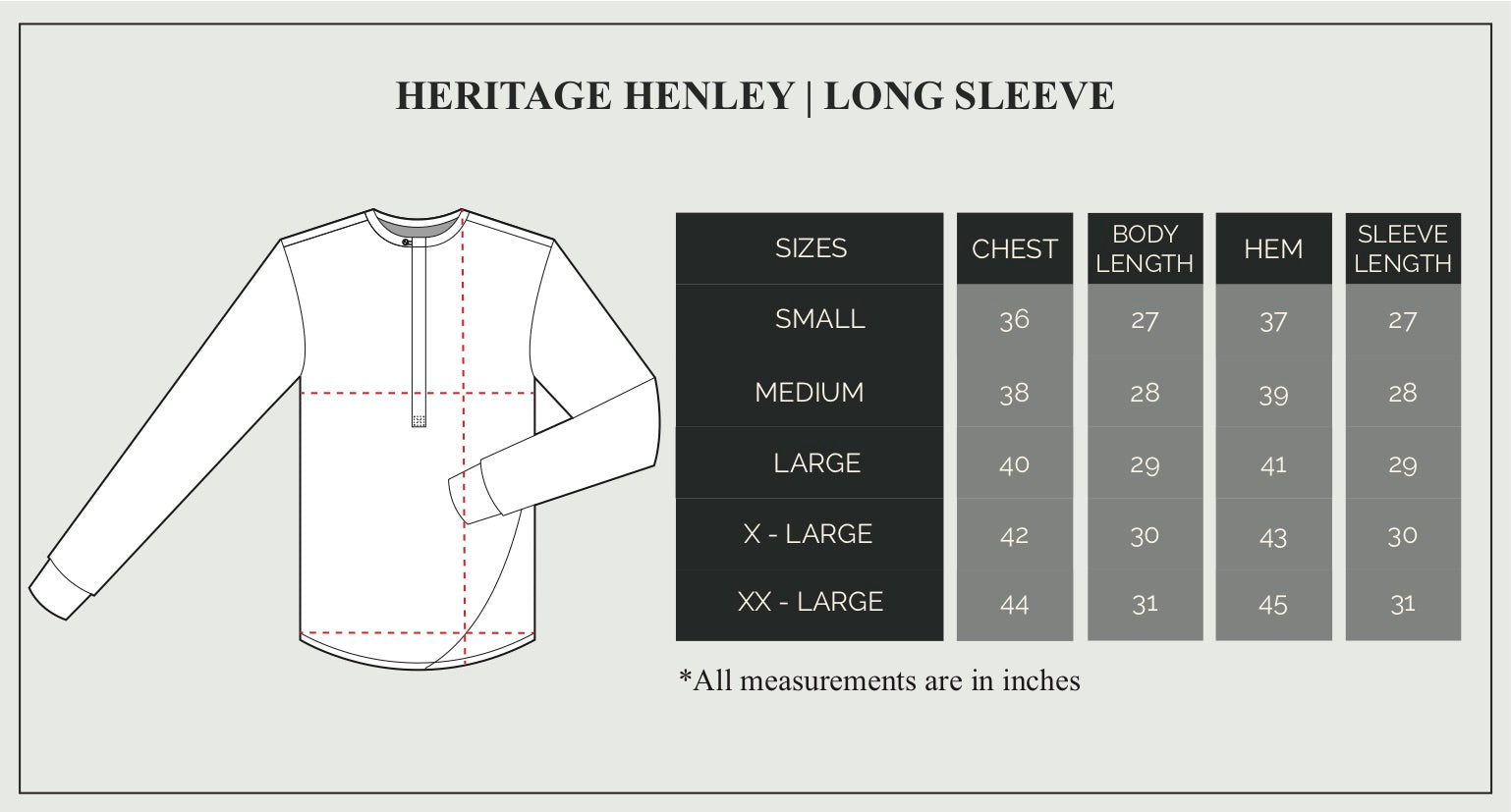 Long Sleeve Henley Size Guide