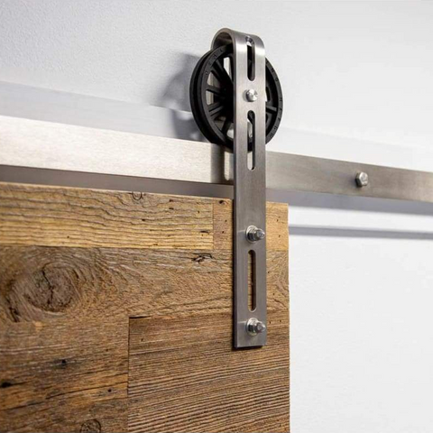 3. Big Spoke Wheel Barn Door Hardware has a slightly bigger wheel and is perfect for modern and industrial looks