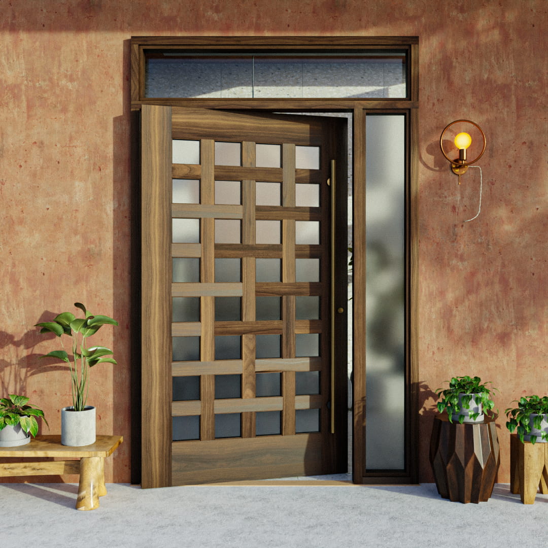 32 light walnut pivot door on terra cotta modern home