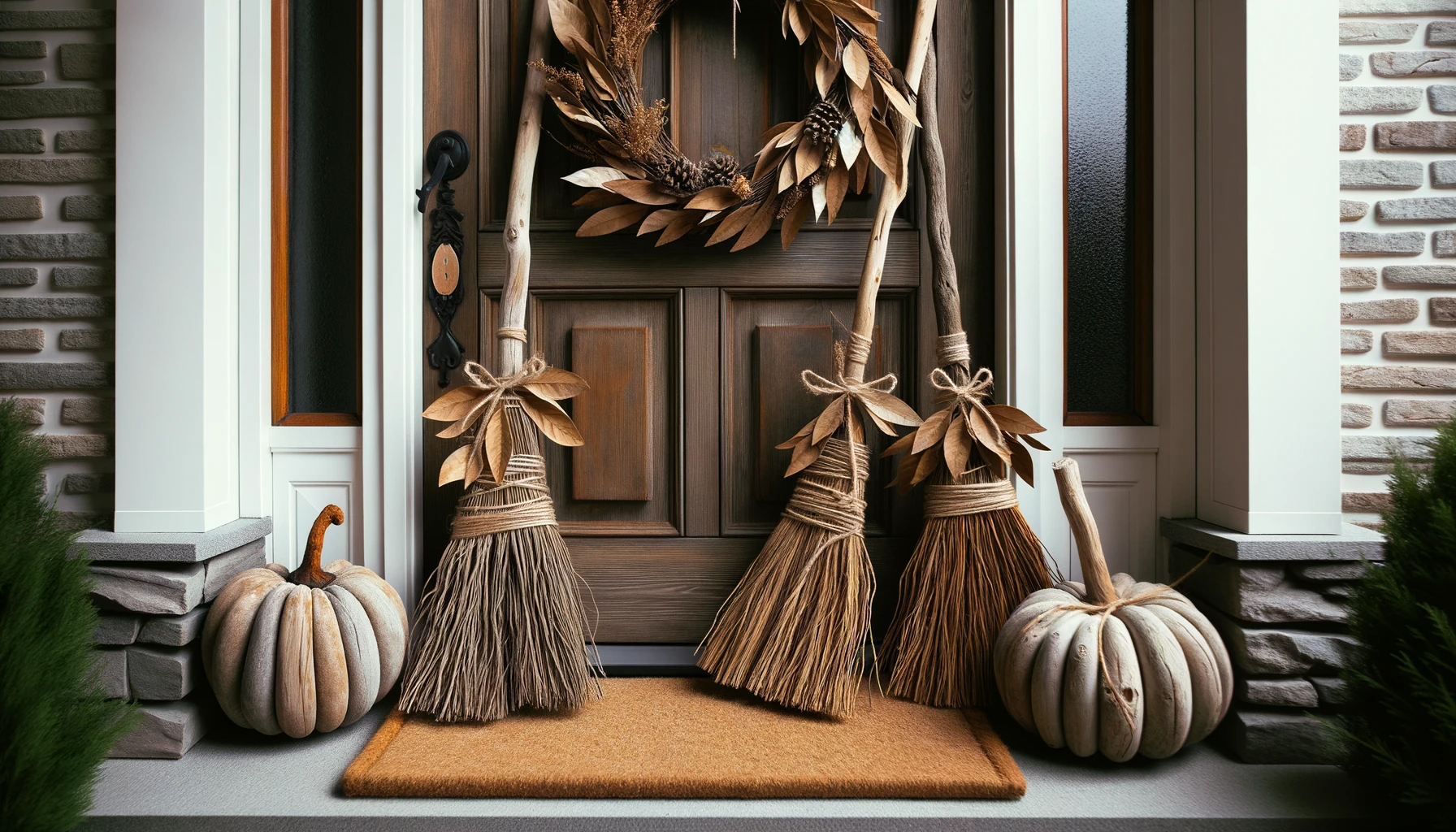 brooms made from driftwood leaning against a door