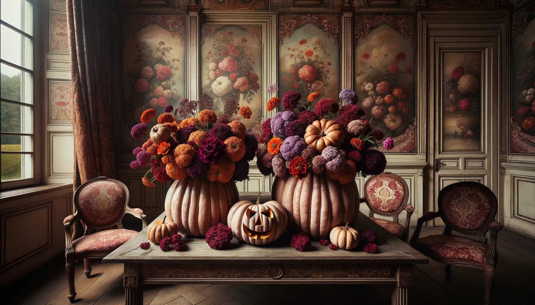 pumpkins styled as vases with orange and purple flowers in an antique style living room