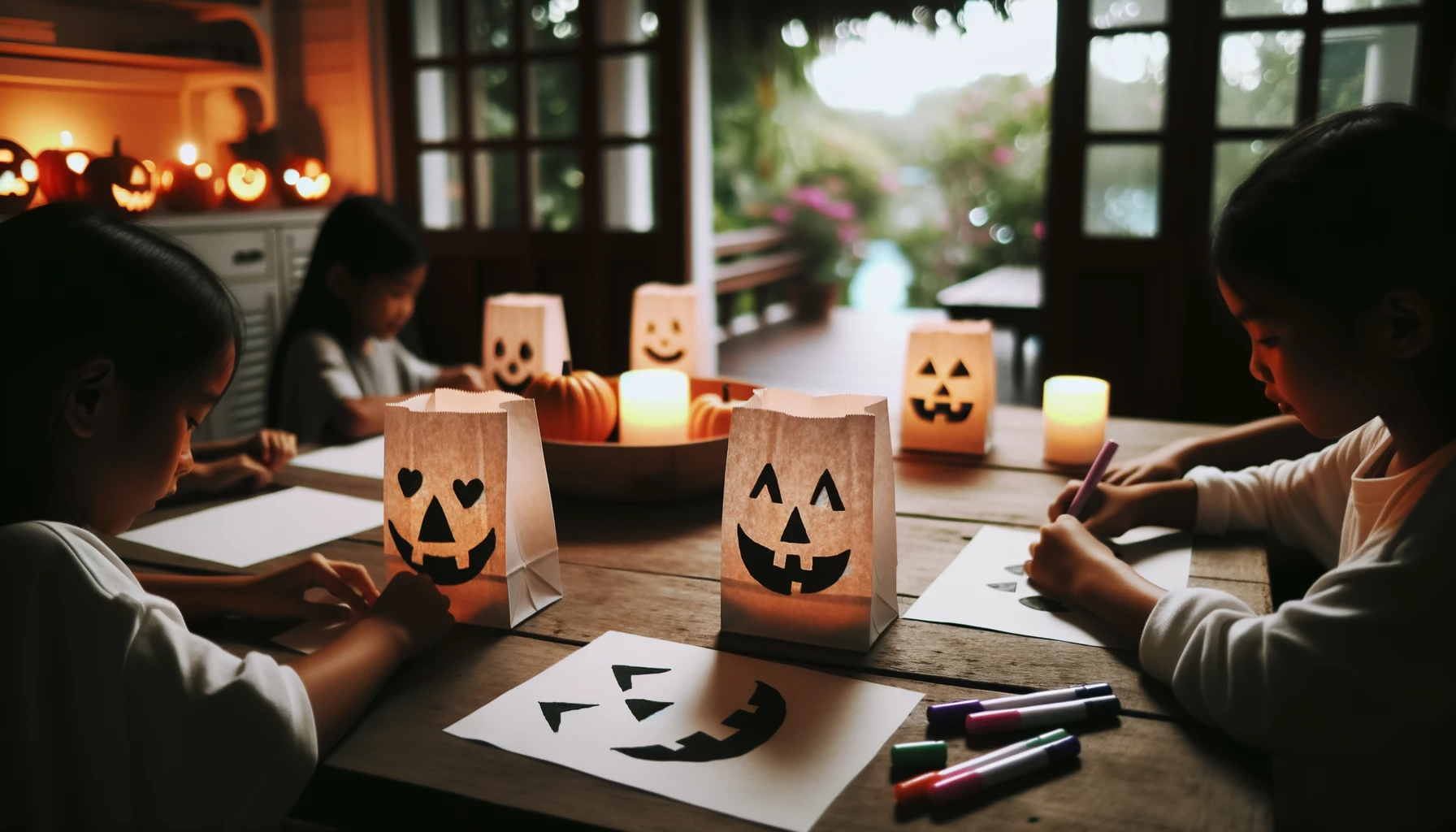 paper back jack o lanterns on a table with children coloring them