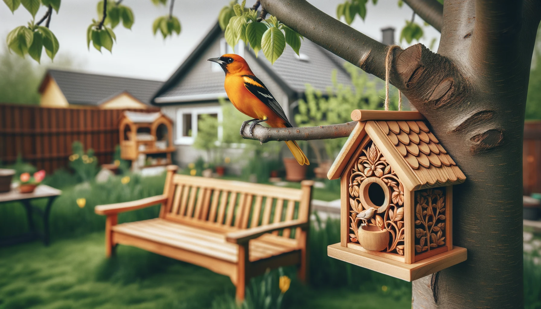 birdhouse in a garden with orange songbird and bench in background